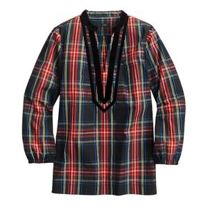 J.Crew Black Velvet-trimmed V-neck Tunic in Stewart Tartan Plaid